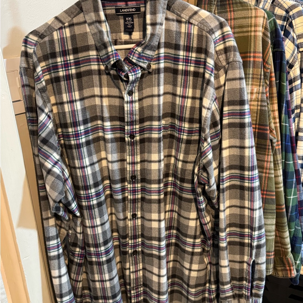 Lands' End Men's Multicolor Plaid Flannel Shirt. Gray, red, and blue